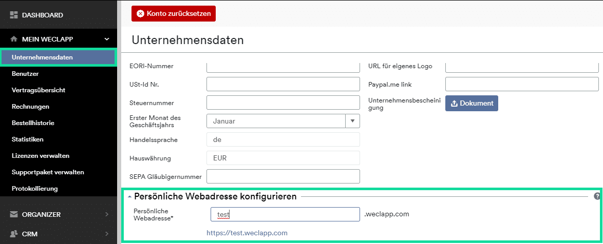 Unternehmensdaten - Persönliche Webadresse