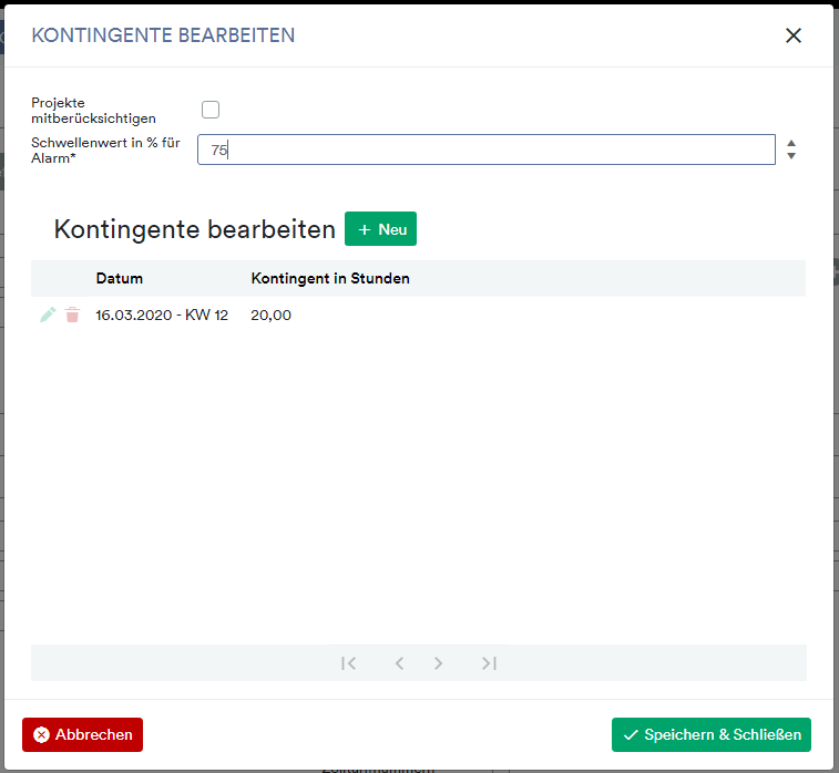 Kontingent bearbeiten