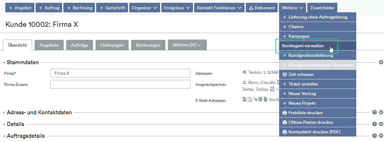 Kontingent verwalten