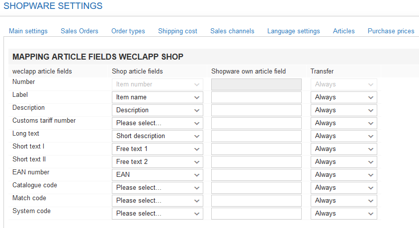 Shopware article fields