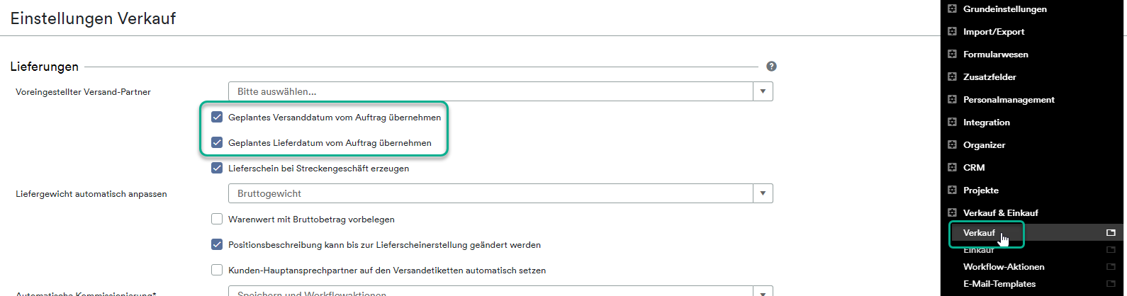 Einstellungen Verkauf Lieferungen