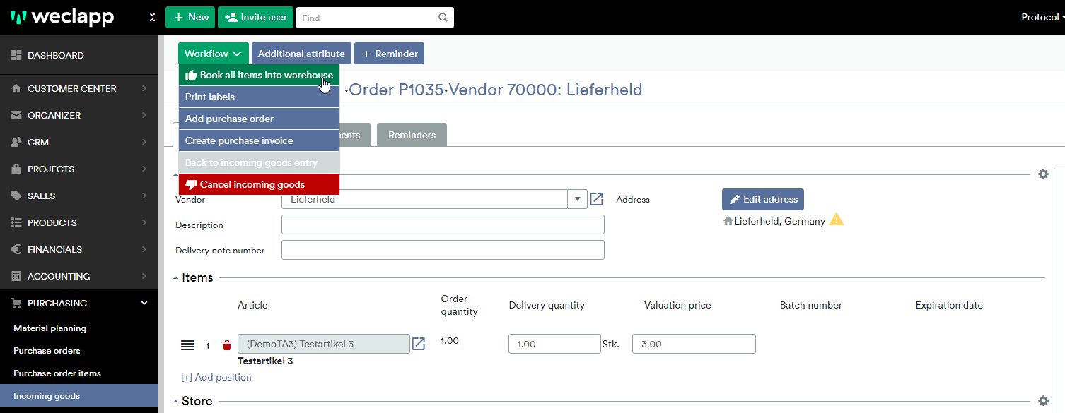 Book all items into warehouse purchase order sales order