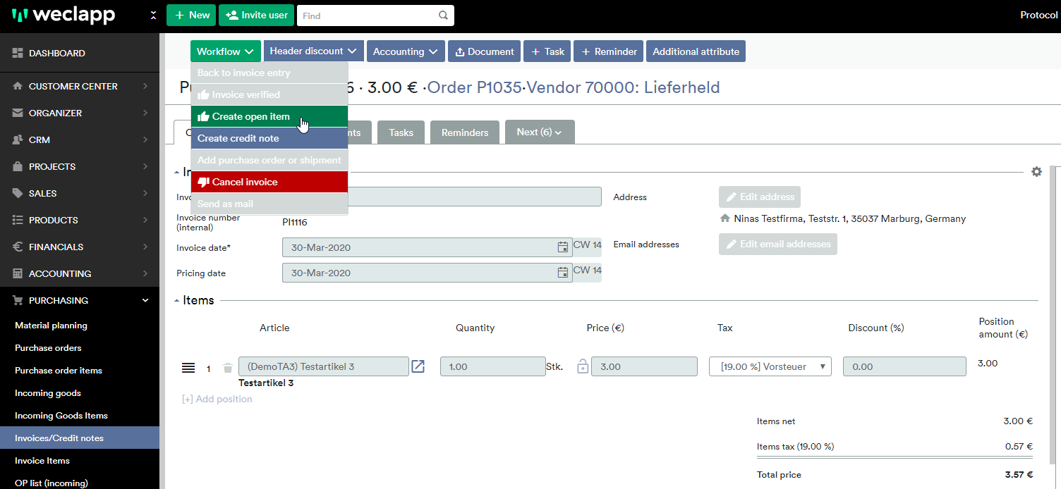 Create open item purchase order sales order