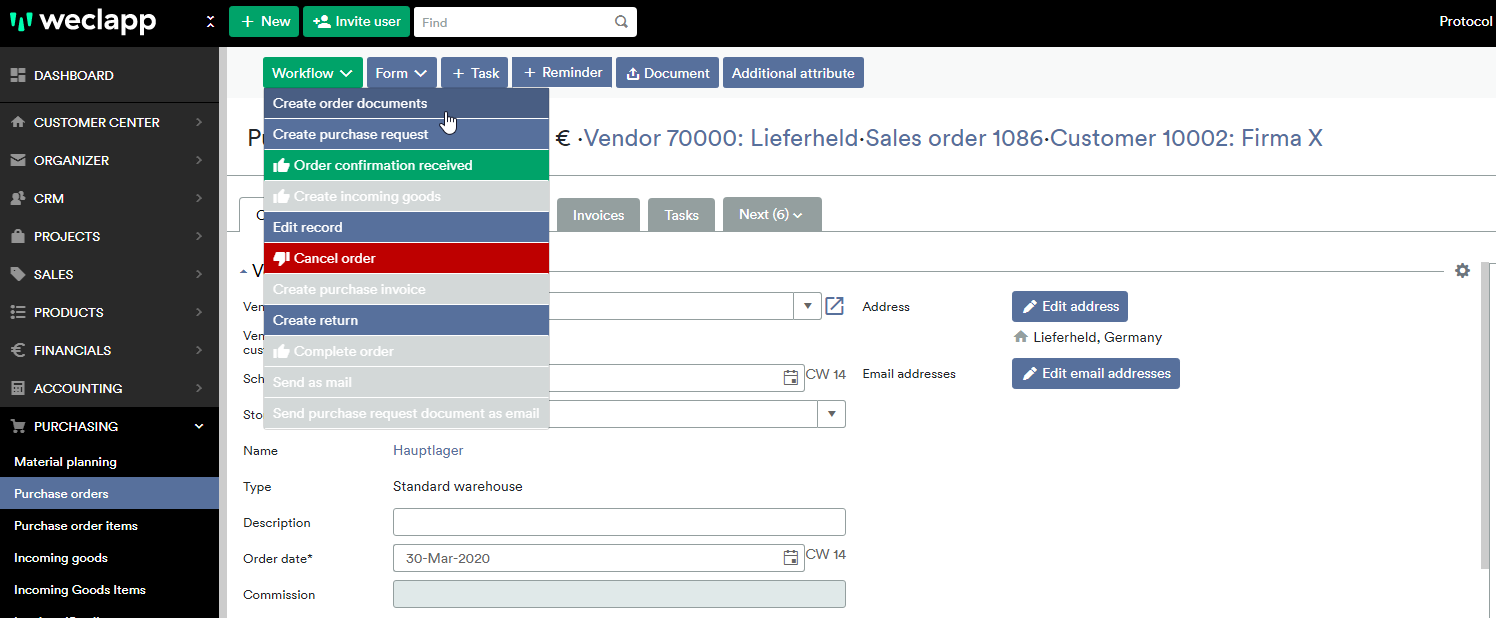 Create order documents purchase order sales order