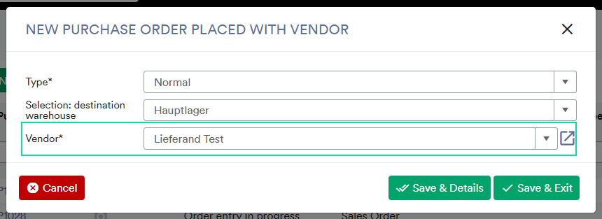 New purchase order with vendor