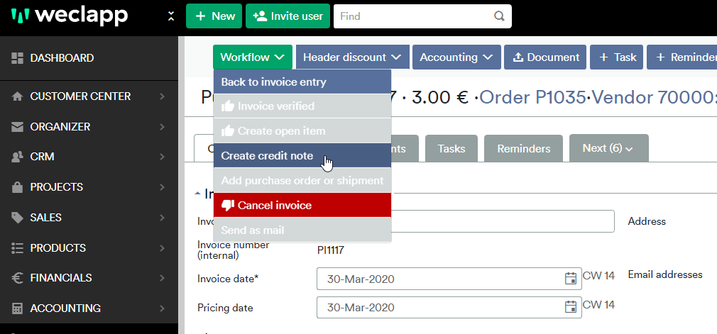 Purchase order create credit note