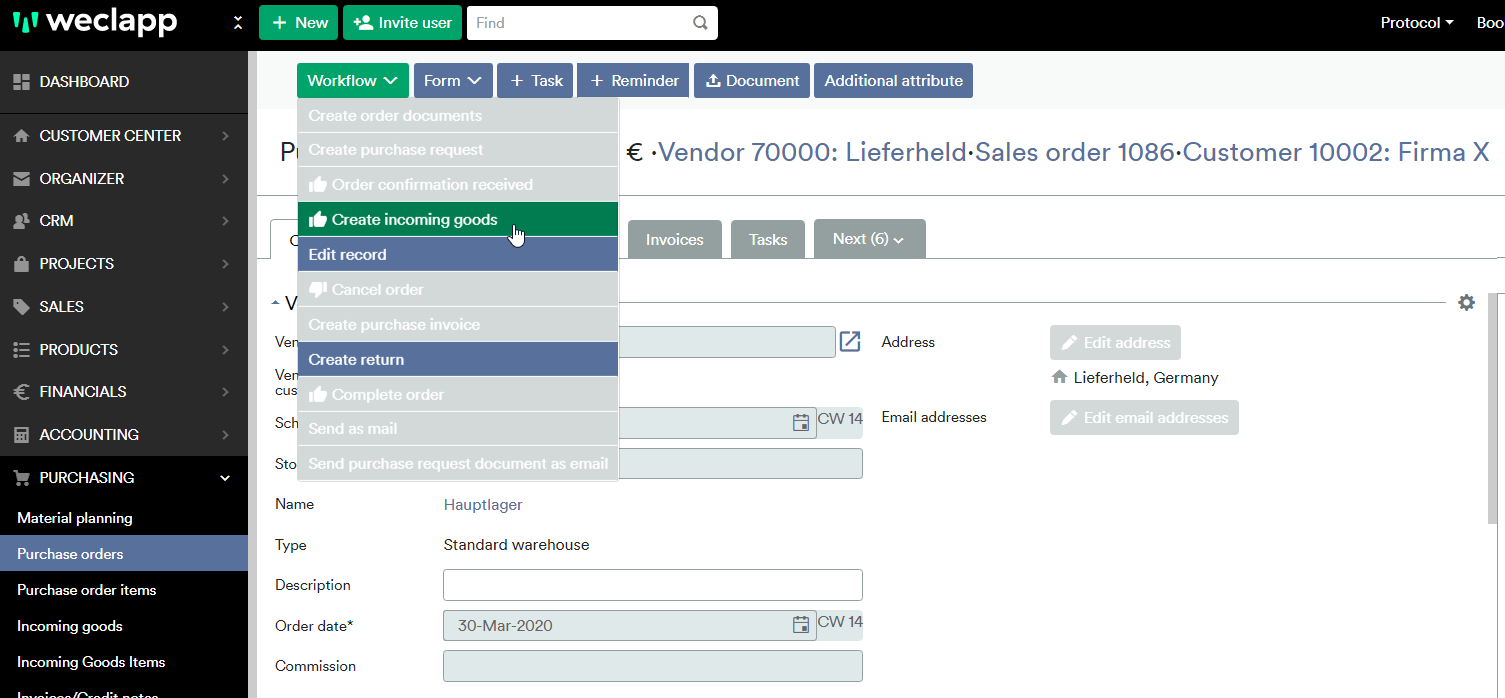 Purchase order create incoming goods