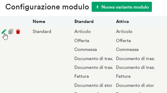 Configurazione modulo standard