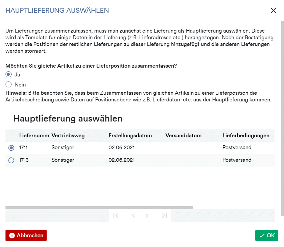 Modal Panel zur Massenaktion: Lieferungen zusammenfassen