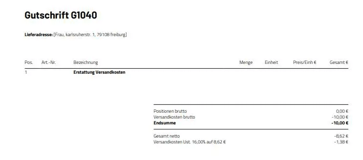 Gutschrift Versand