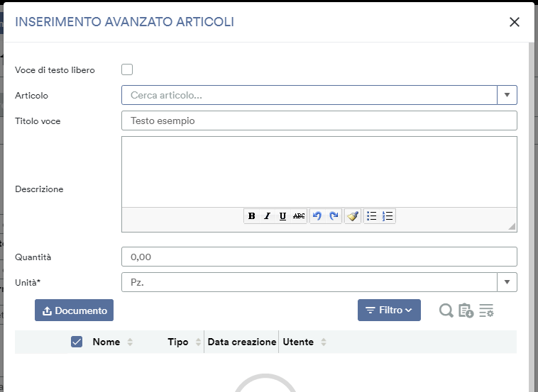 Inserimento avanzato articoli