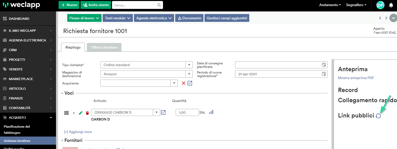 Link pubblici in richiesta fornitore