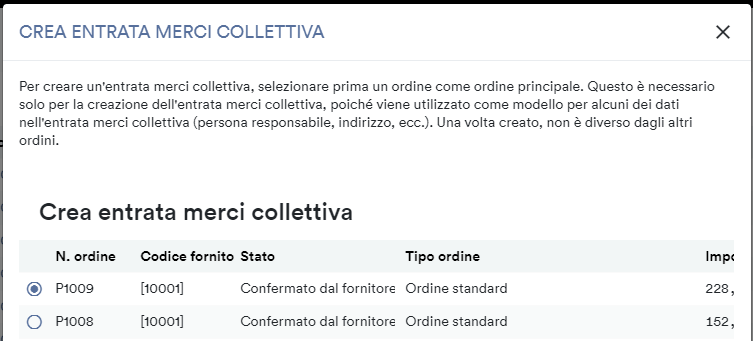 Ordine principale entrata merci collettiva