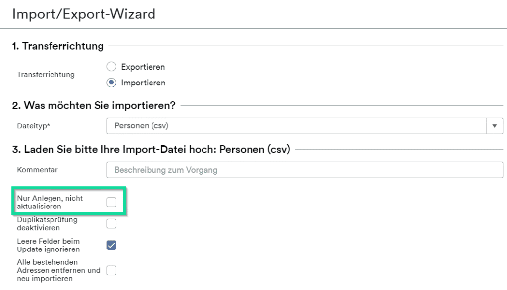 neue Option beim Importieren im Import/Export-Wizard