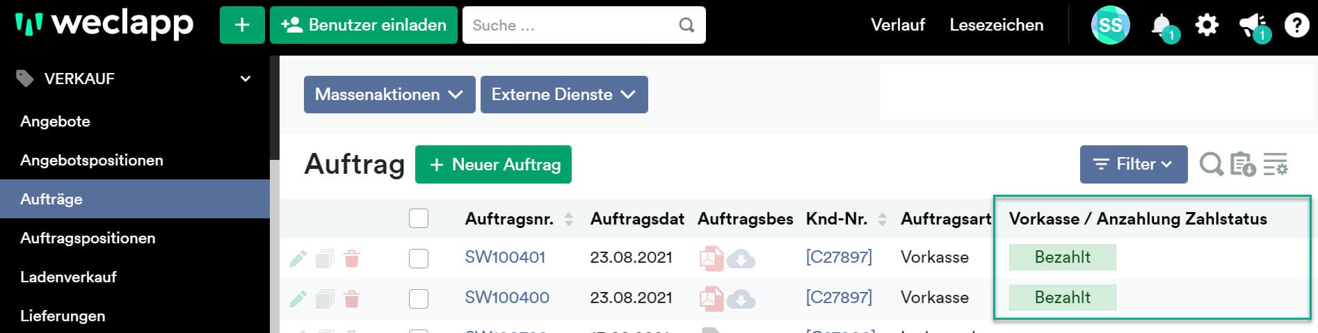 VorkasseAnzahlung Zahlstatus