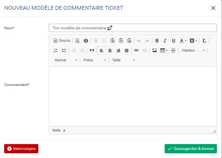 Nouveaux modèle de commentaire de ticket