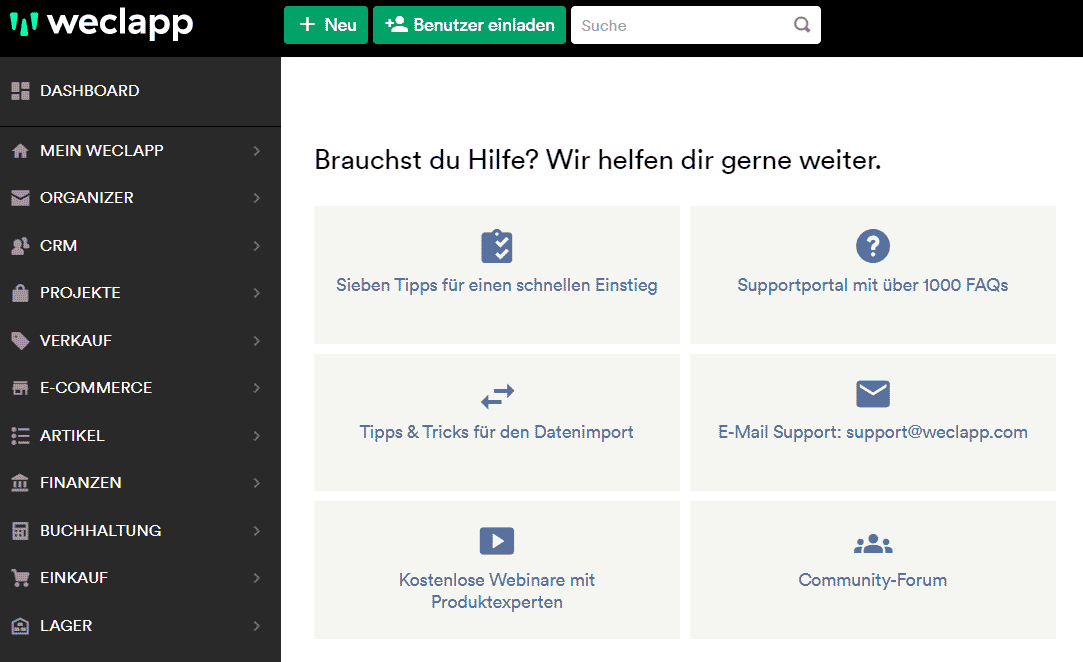 Hilfe-Widget Dashboard