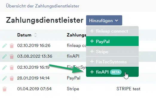 finAPI Zahlungsdienstleister hinzufügen