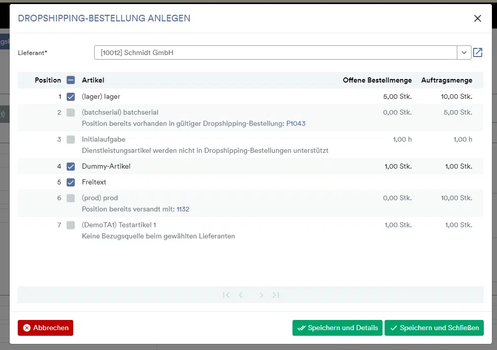 Dropshipping Erstelldialog alt
