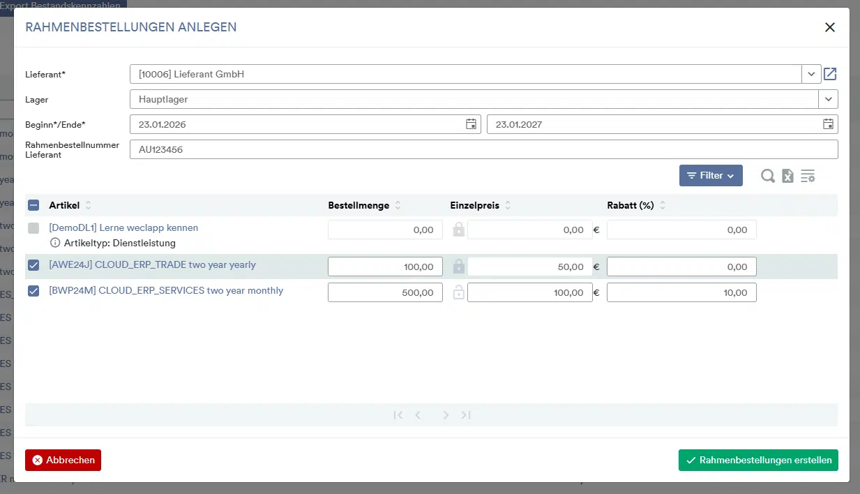 Rahmenbestellung per Masseaktion
